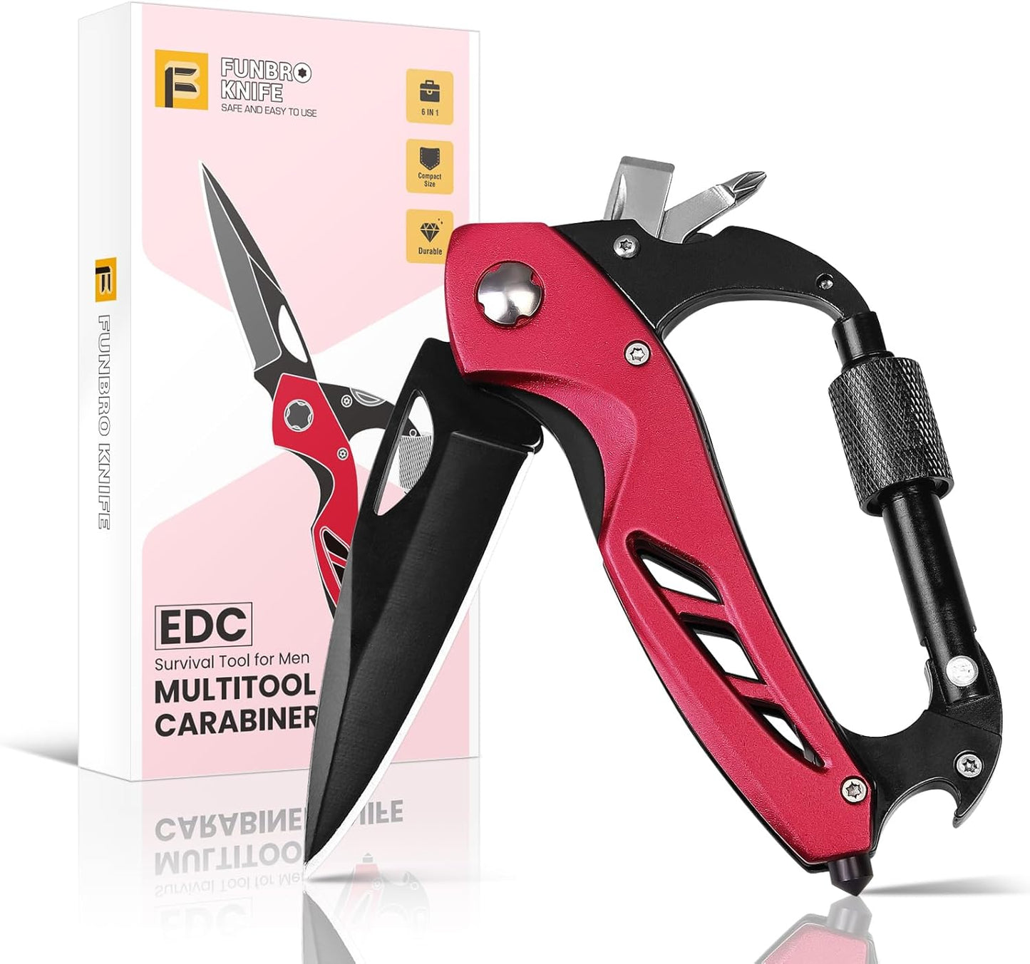 Multitool Carabiner with Pocket Knife. Stocking Stuffers Gifts for Men. EDC Carabiners with Folding Knives. Bottle Opener. Window Breaker and Screwdriver. Survival Gear for Camping Hiking