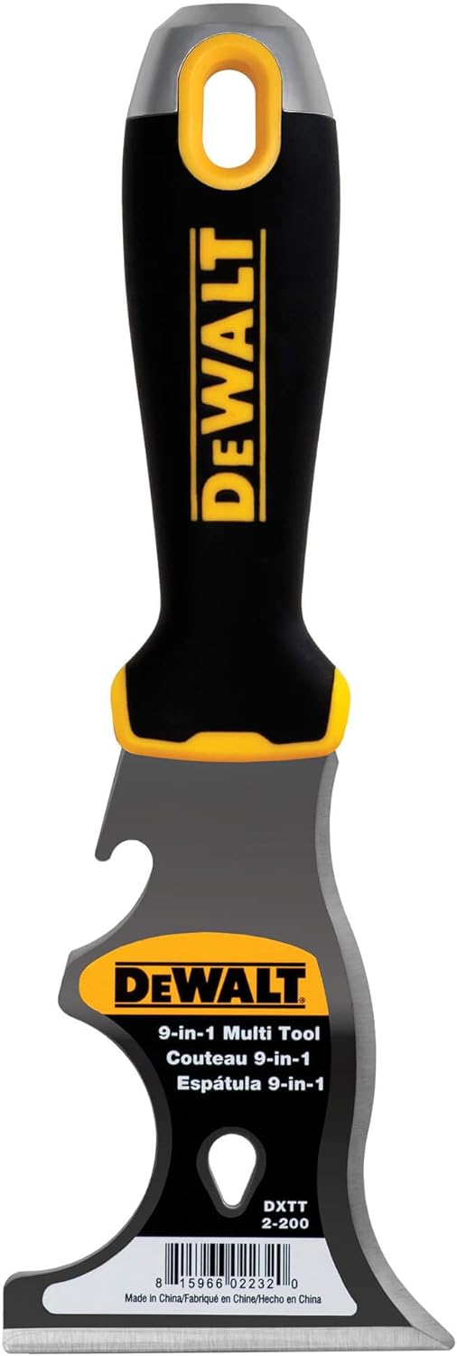 DEWALT 9-in-1 Painter's Tool | Straight Scraper. Curved Scraper. Gouger. Roller Cleaner. Can Opener. Bottle Opener. Nail Puller. Screwdriver. Hammer | Carbon Steel w/Soft Grip Handle | DXTT-2-200