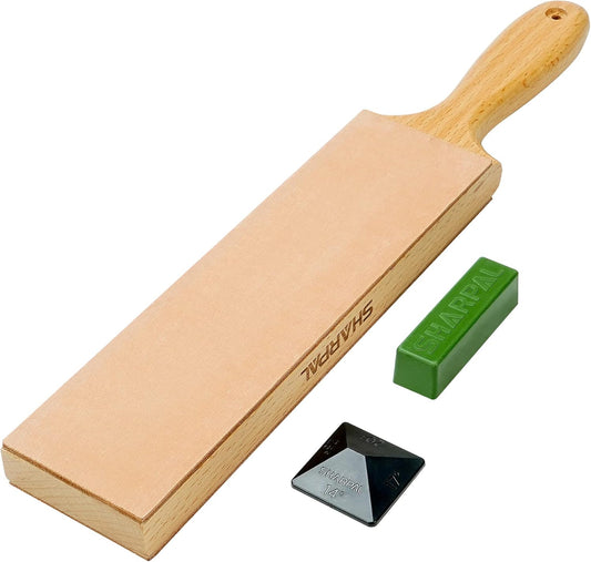 SHARPAL 205H Double-sided Leather Strop (Genuine Cowhide) 13.2 x 2.4 Kit with 2 Oz. Polishing Compound & Angle Guide. Knife Stropping Block for Sharpening & Honing Knives tools. Woodcarving Chisels