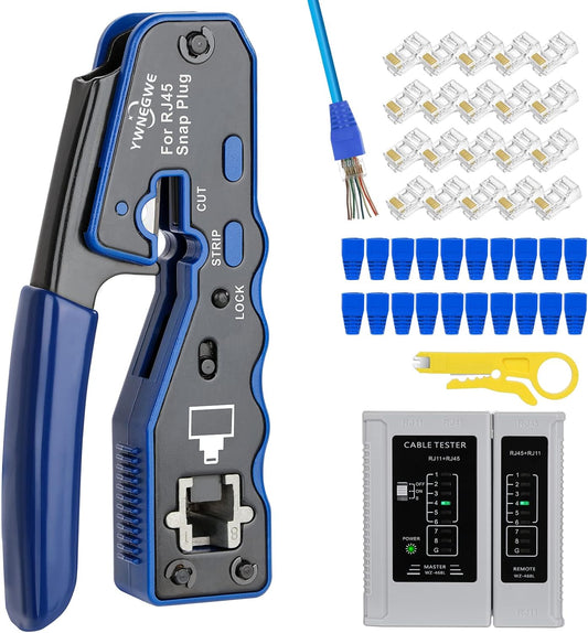 RJ45 Crimp Tool Kit Pass Thru Ethernet Crimper for Cat5e Cat6 Cat6a 8P8C Modular Connectors. All-in-One Cat6 Crimping Tool and Tester(9V Battery Not Included)