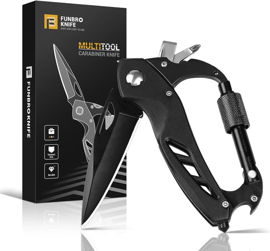Multitool Carabiner with Pocket Knife. Stocking Stuffers Gifts for Men. EDC Carabiners with Folding Knives. Bottle Opener. Window Breaker and Screwdriver. Survival Gear for Camping Hiking