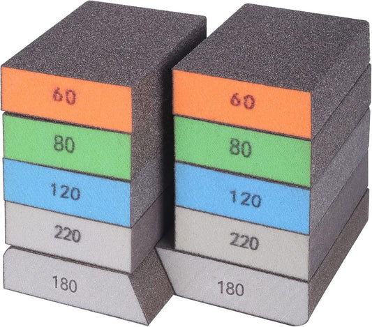 BOSHCRFAT 10 Pack Sanding Block. Washable and Reusable Sanding Sponge for Wood Drywall Metal Glasses Coarse/Medium/Fine/Superfine in 60/80/100/120/180/220 Grit Sandpaper Block Sand Paper Brick